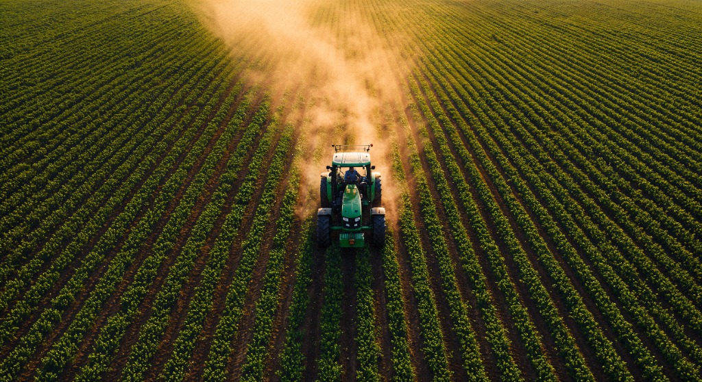 Tractor agrícola vista aérea en campo de cultivo