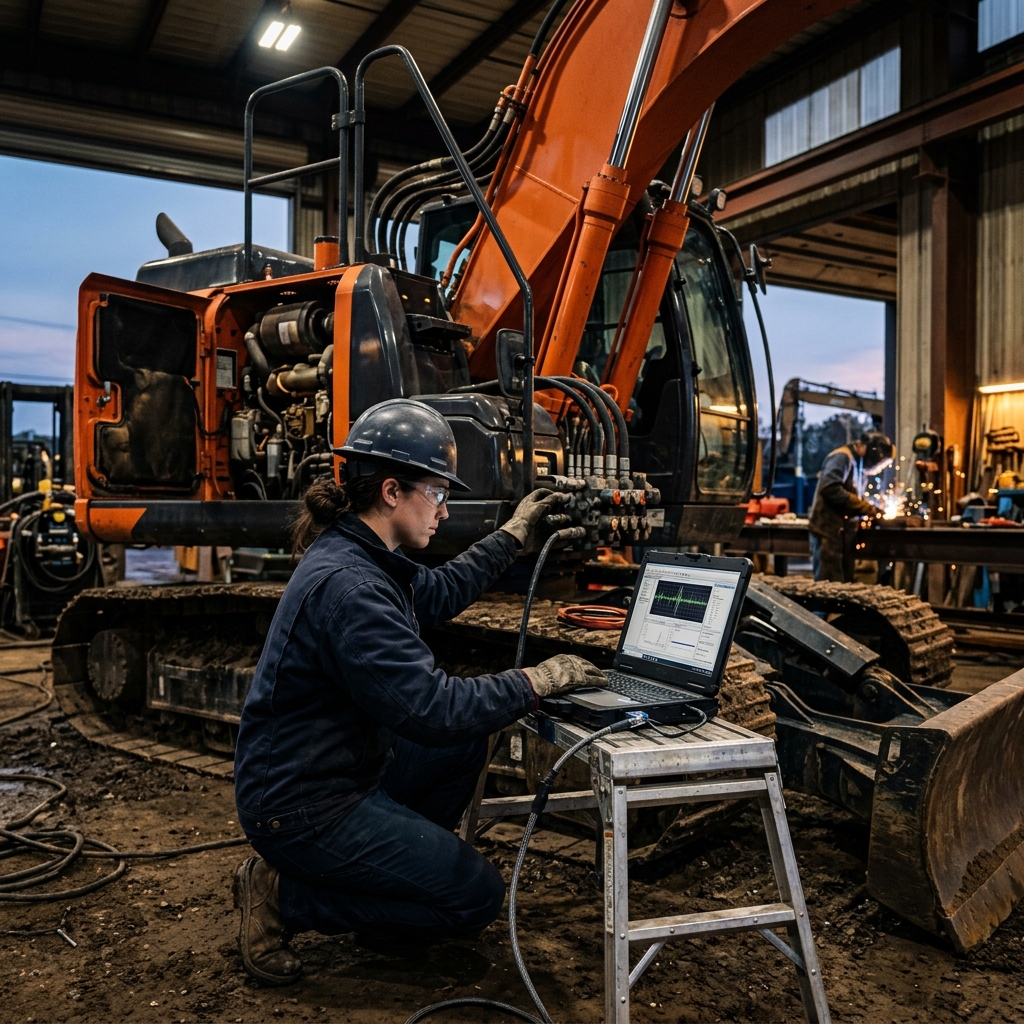 Técnico realizando diagnóstico electrónico en maquinaria